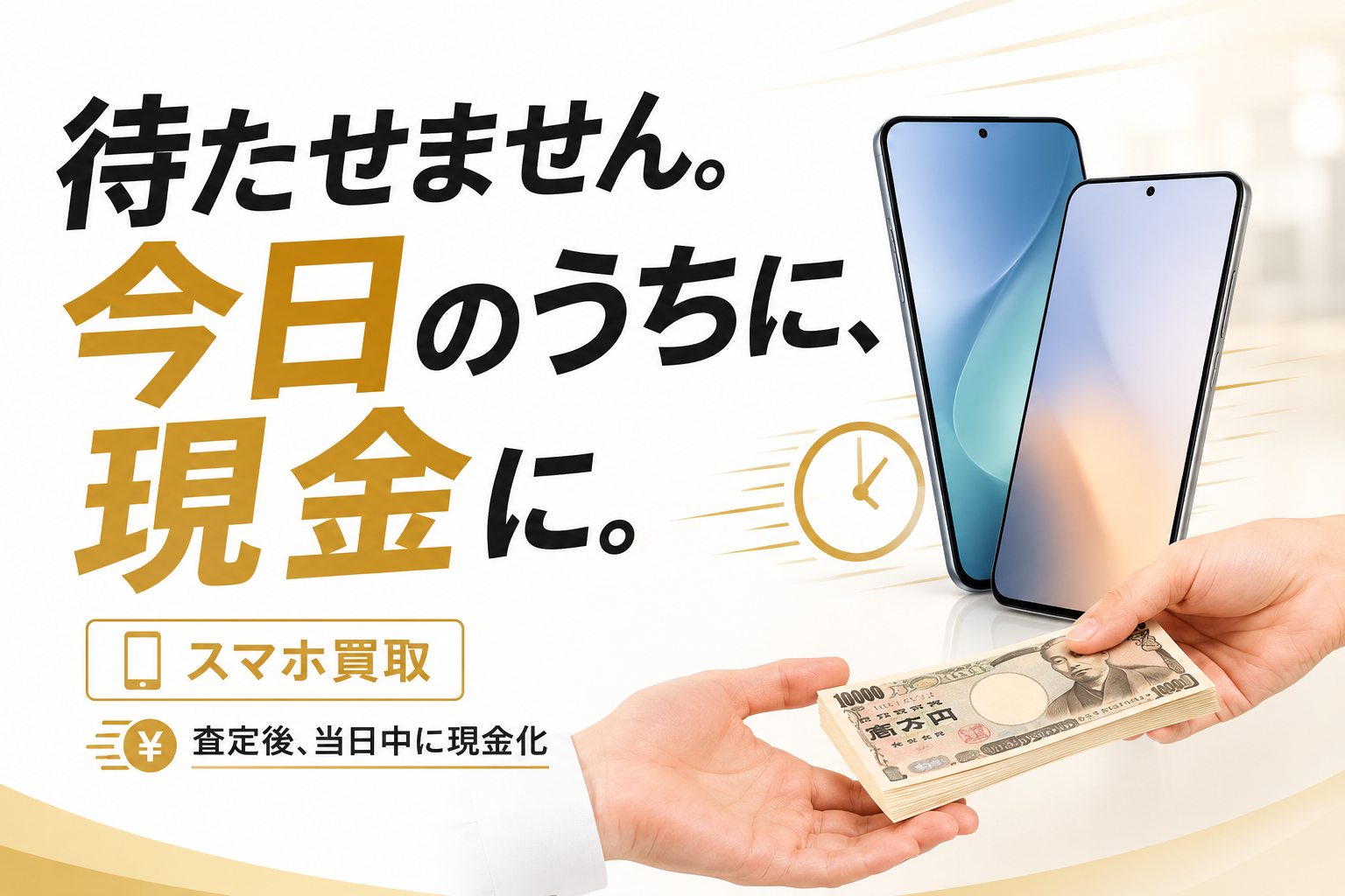 待たせません。今日のうちに、現金に。スマホ買取／査定後、当日中に現金化