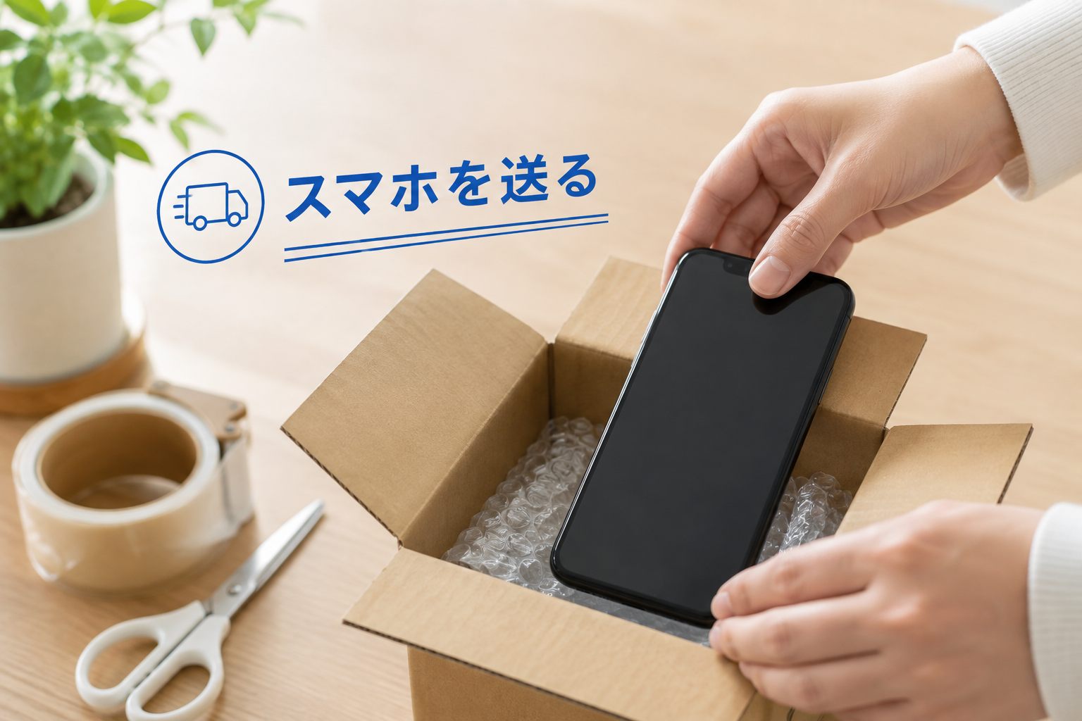 緩衝材を敷いた箱にスマホを入れて発送する