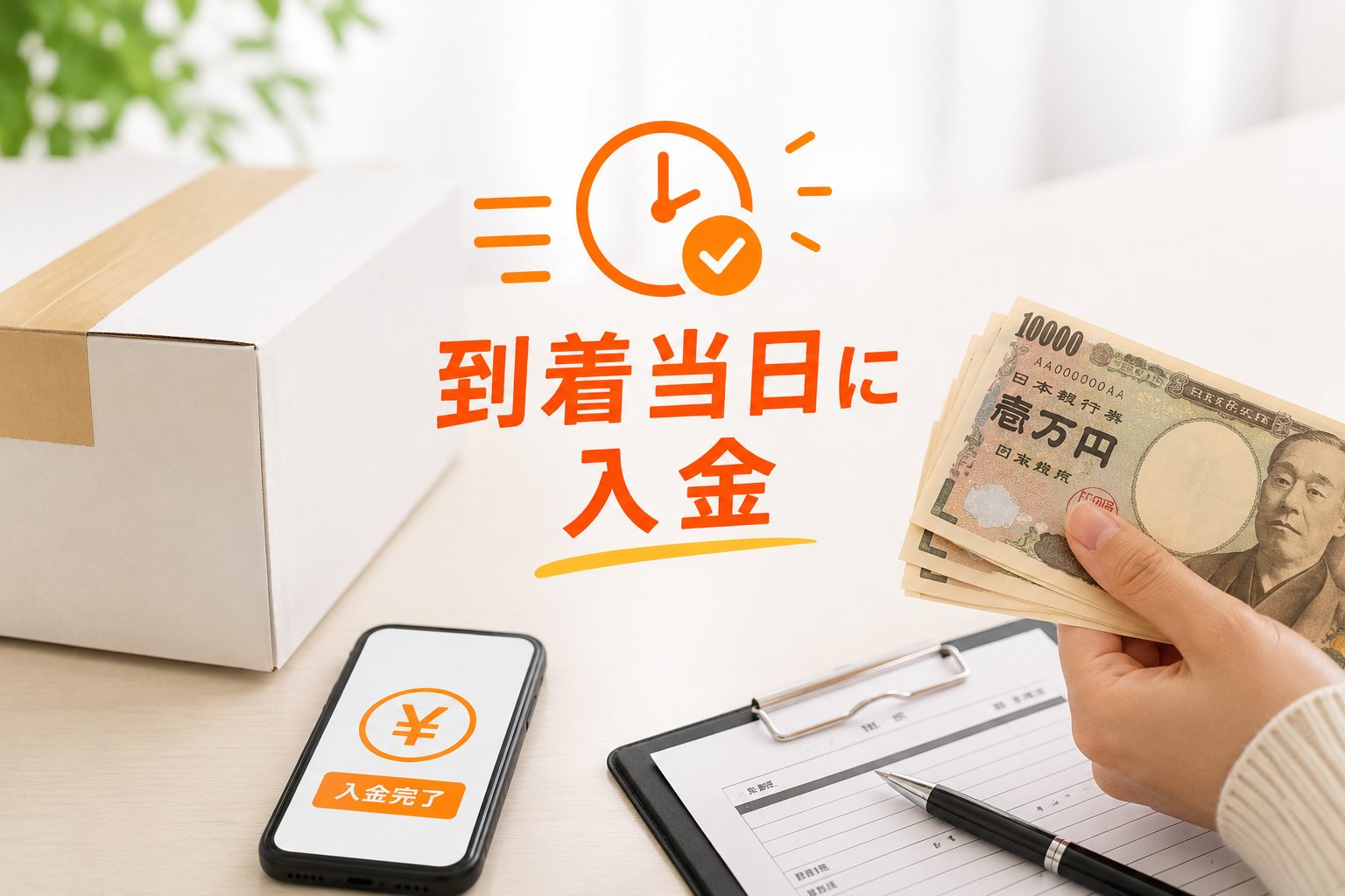 到着当日に入金｜紙幣と入金完了の画面