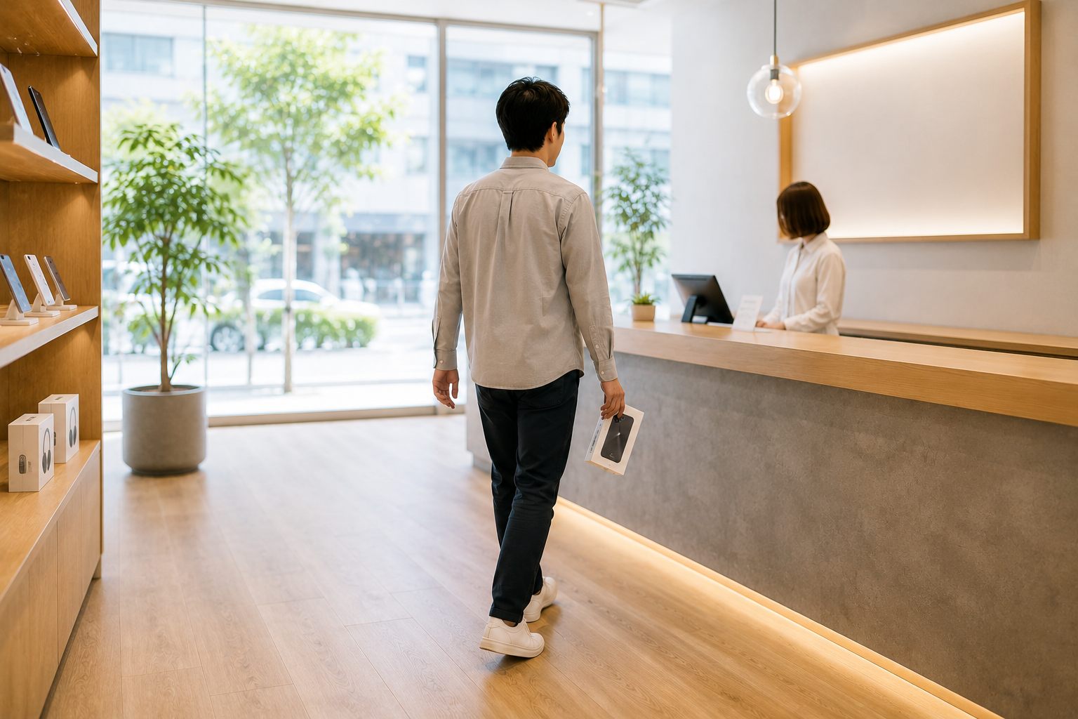 買取カウンターへスマホを持ち込む様子