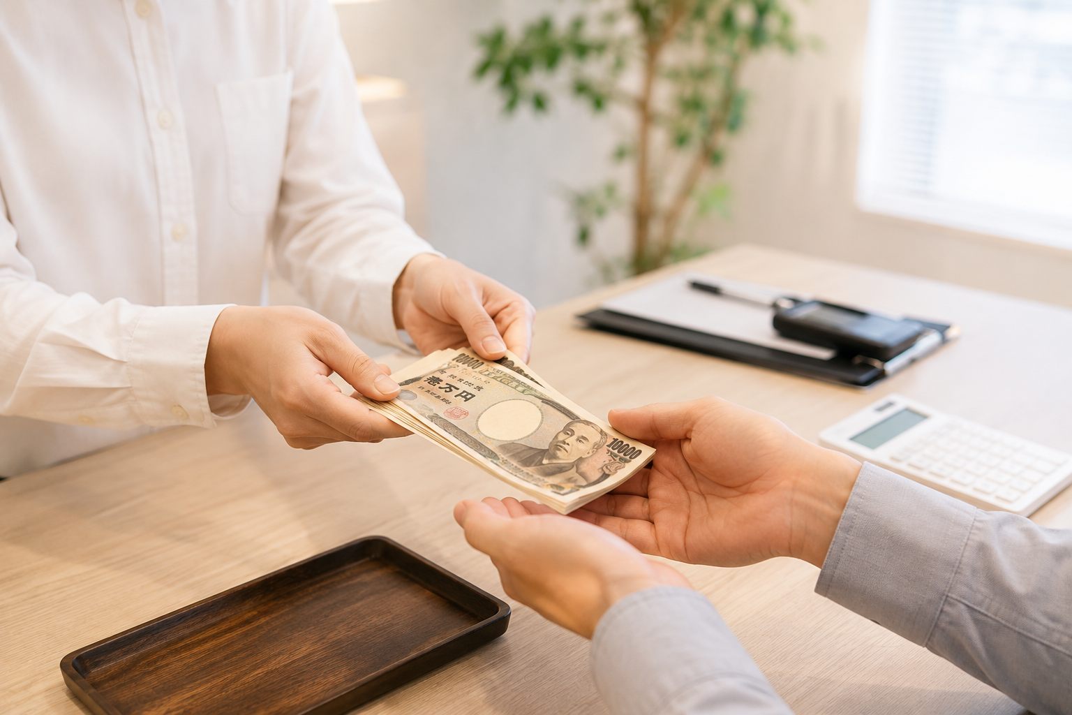 カウンターで現金を手渡す様子