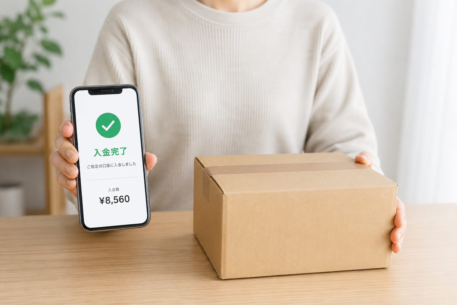 入金完了の画面と発送用の箱｜到着した日に入金
