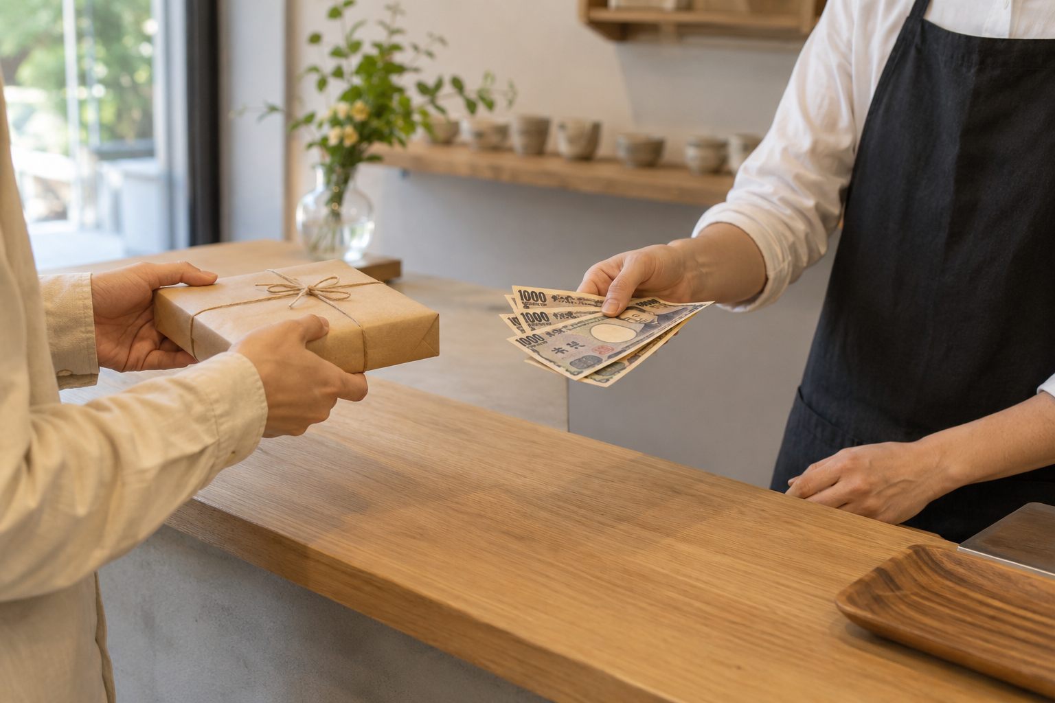 カウンター越しに現金を受け取る様子｜店頭買取はその場で現金